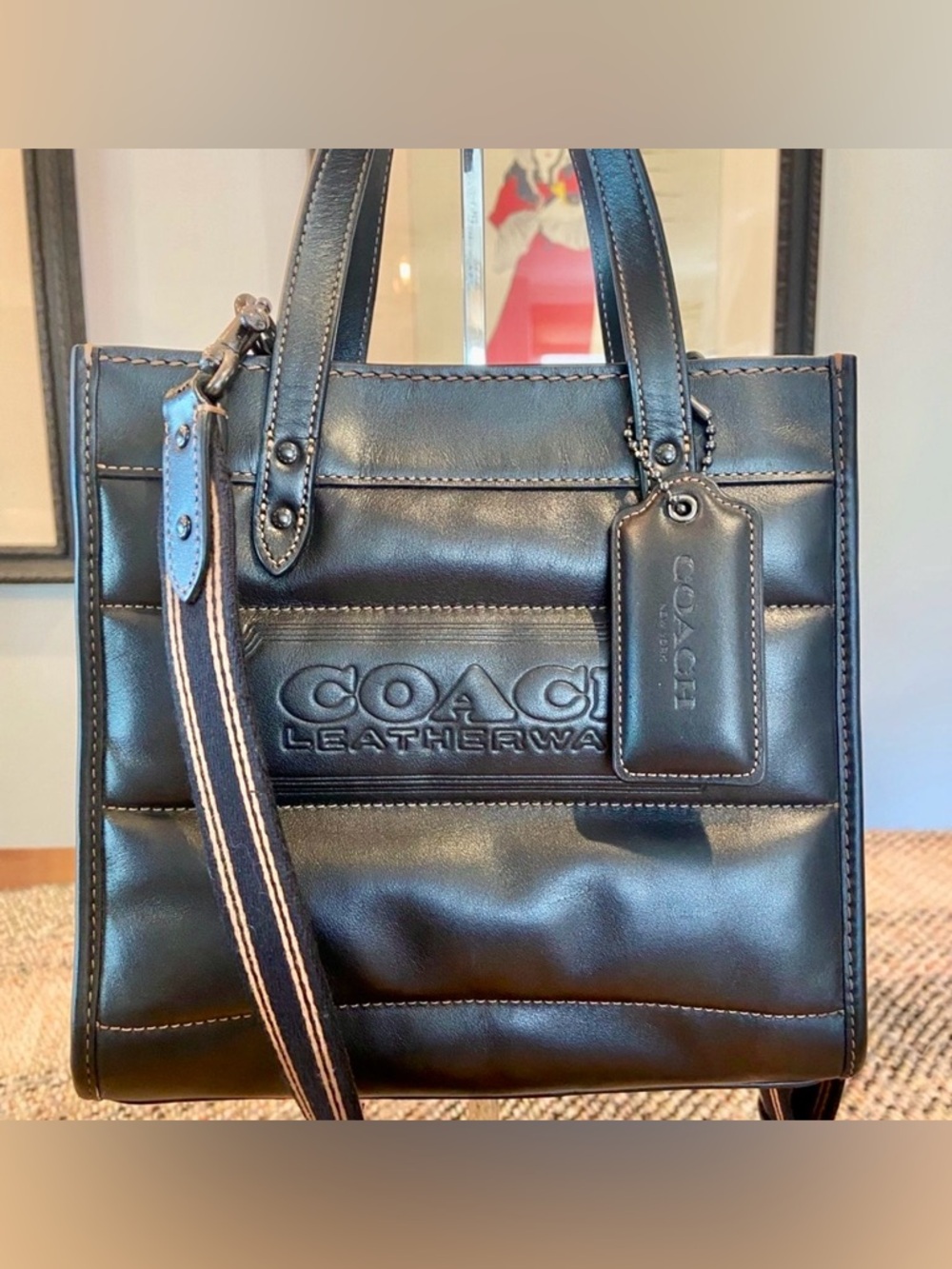 Coach Black Field Tote 22 - Smooth & Refined Calf Leather-Quilted Puffy Hangtag - Picture 10 of 10